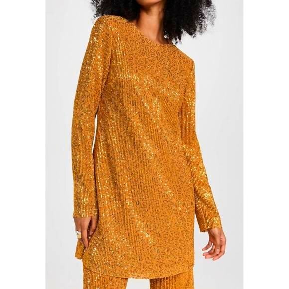NWOT STINE GOYA Odis Gold Sequined Designer Plissé-Knitted Mini Dress SZ XS & S - Picture 3 of 16